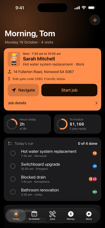 Adminroo Today screen: the next job, a hot water system replacement in Norwood, hours today, $1,166 ready to invoice and the day's run