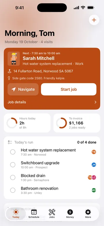 Adminroo Today screen: the next job, a hot water system replacement in Norwood, hours today, $1,166 ready to invoice and the day's run