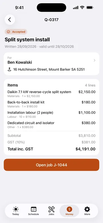 Adminroo quote for a split system install in Mount Barker: line items, GST and a total of $4,191.00, accepted by the customer