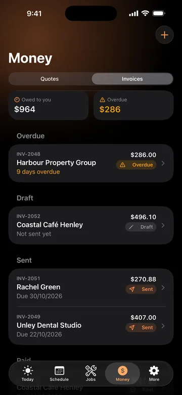 Adminroo Money screen: $964 owed to you, $286 overdue, and the invoices grouped by overdue, draft and sent